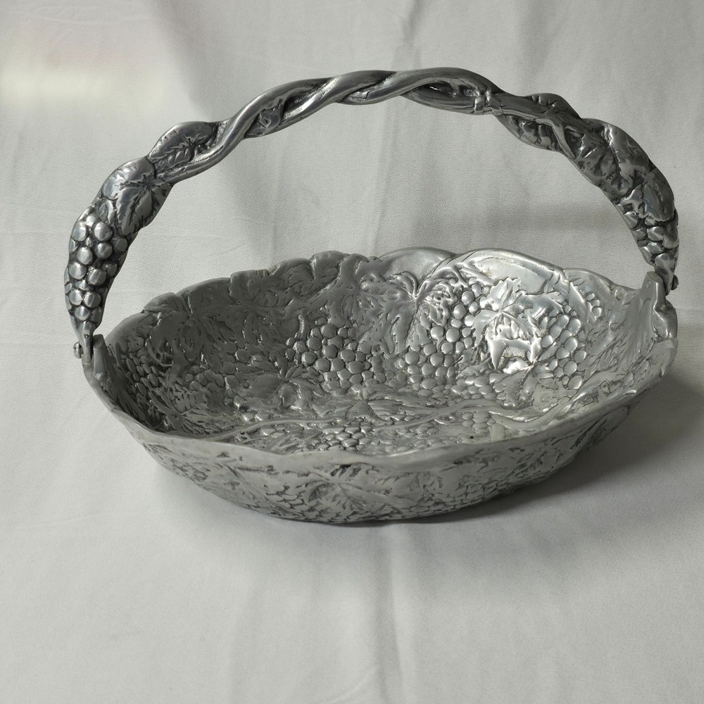 Vintage Grape Themed Decorative Oval Metal Bowl Twisted Vine Handle